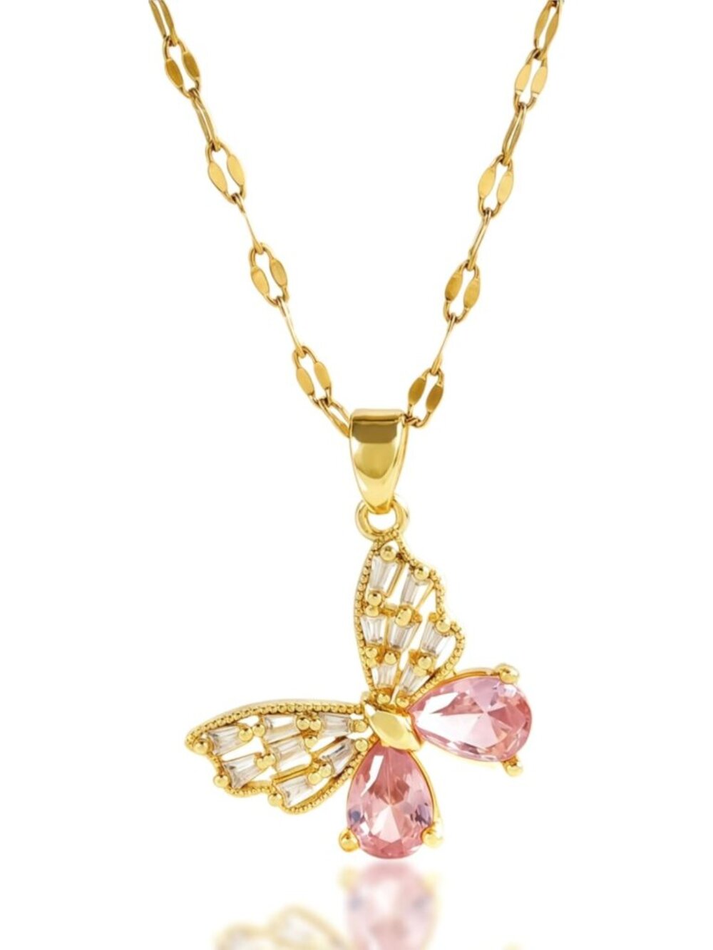 Dainty Gold Plated Butterfly Pendant Necklace with Pearl & Heart Beads - Boho